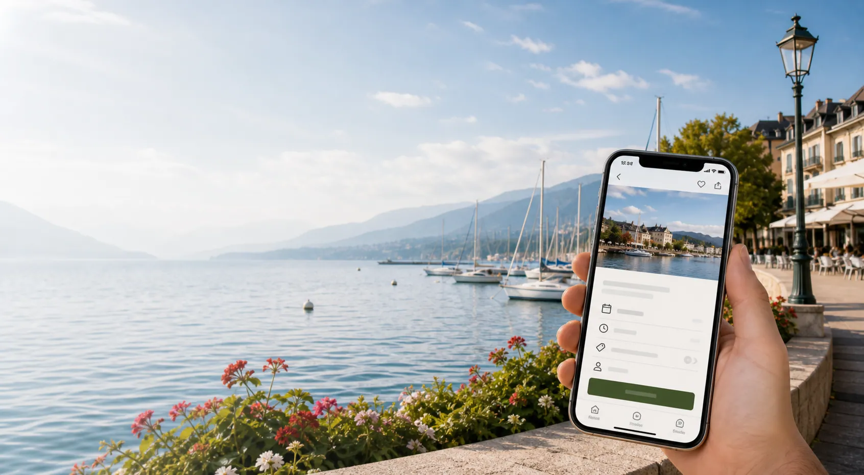 Smartphone affichant une page de réservation locale devant le Grand Port d'Aix-les-Bains