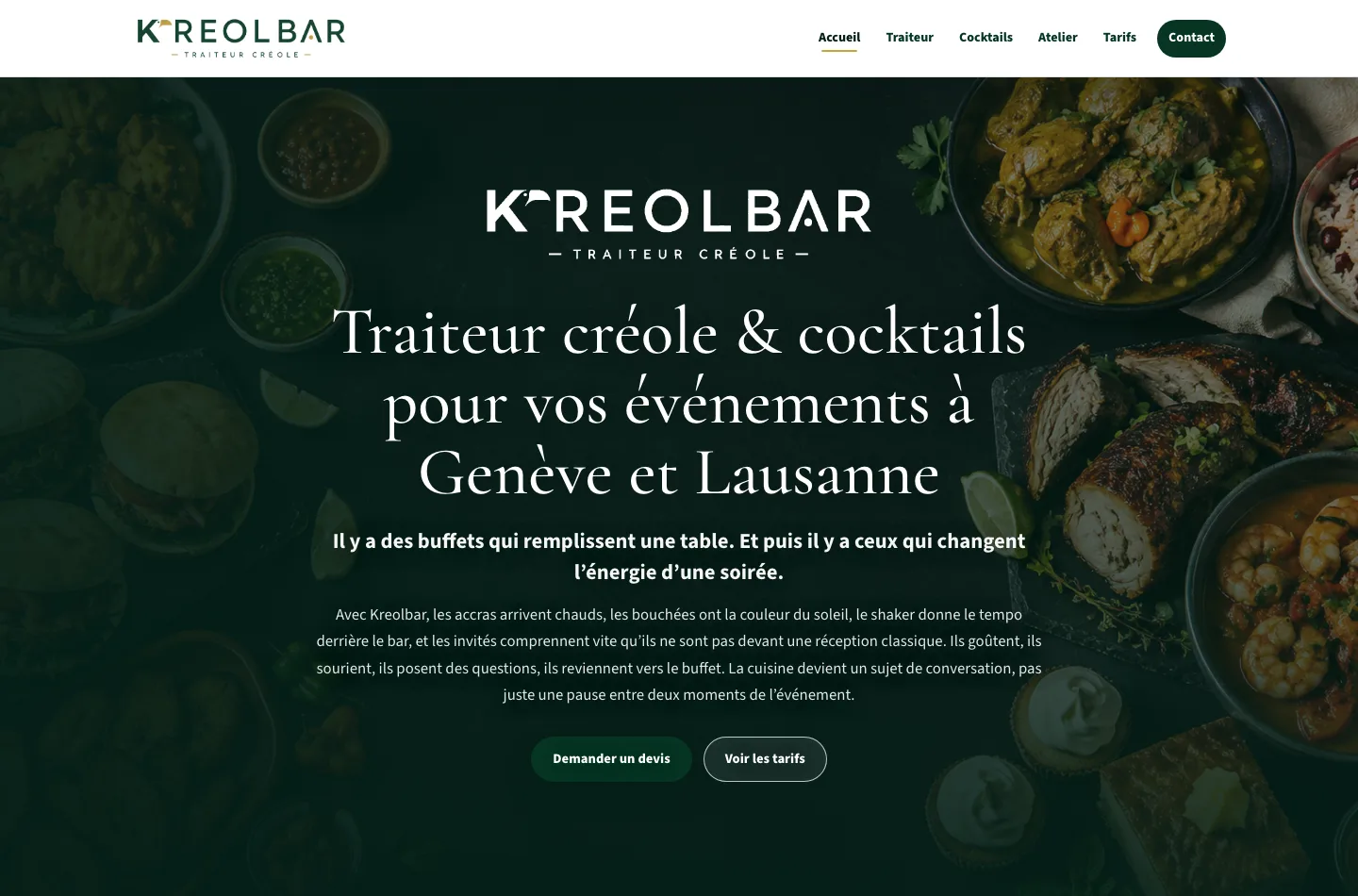 Capture du site Traiteur Kreol pour traiteur créole et cocktails à Genève et Lausanne