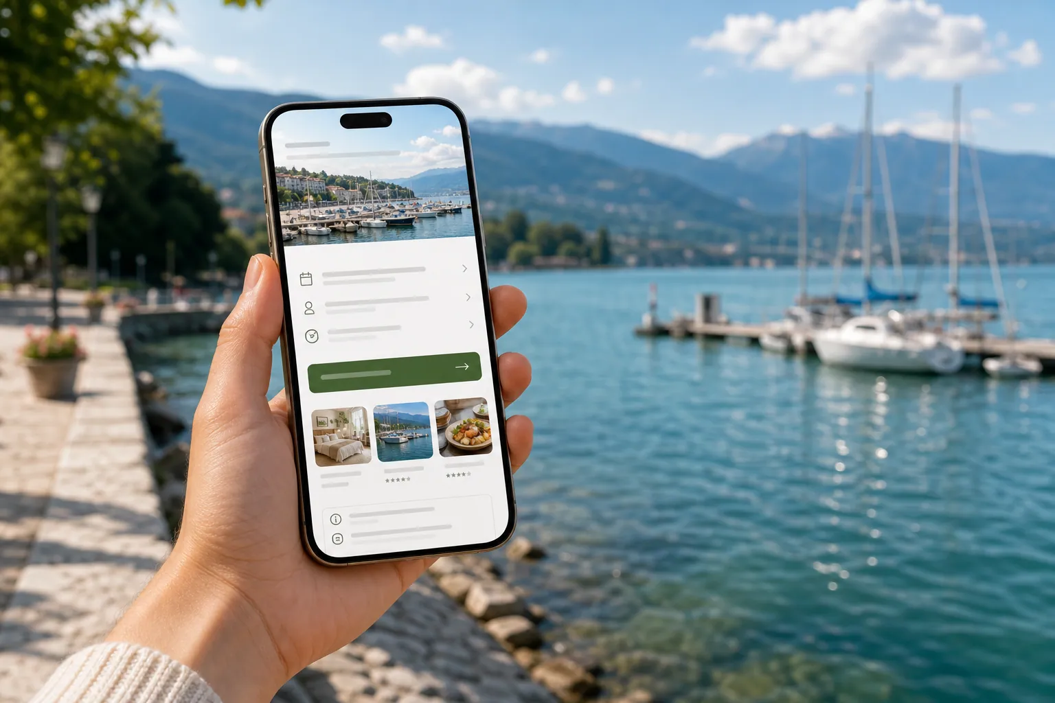 Téléphone affichant une page de réservation mobile près du lac du Bourget à Aix-les-Bains
